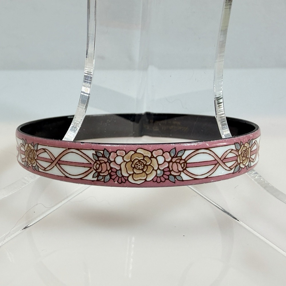 Michaela Frey Bangle Bracelet Vintage Pink Floral Enamel Austria 7.75 inch 1970s